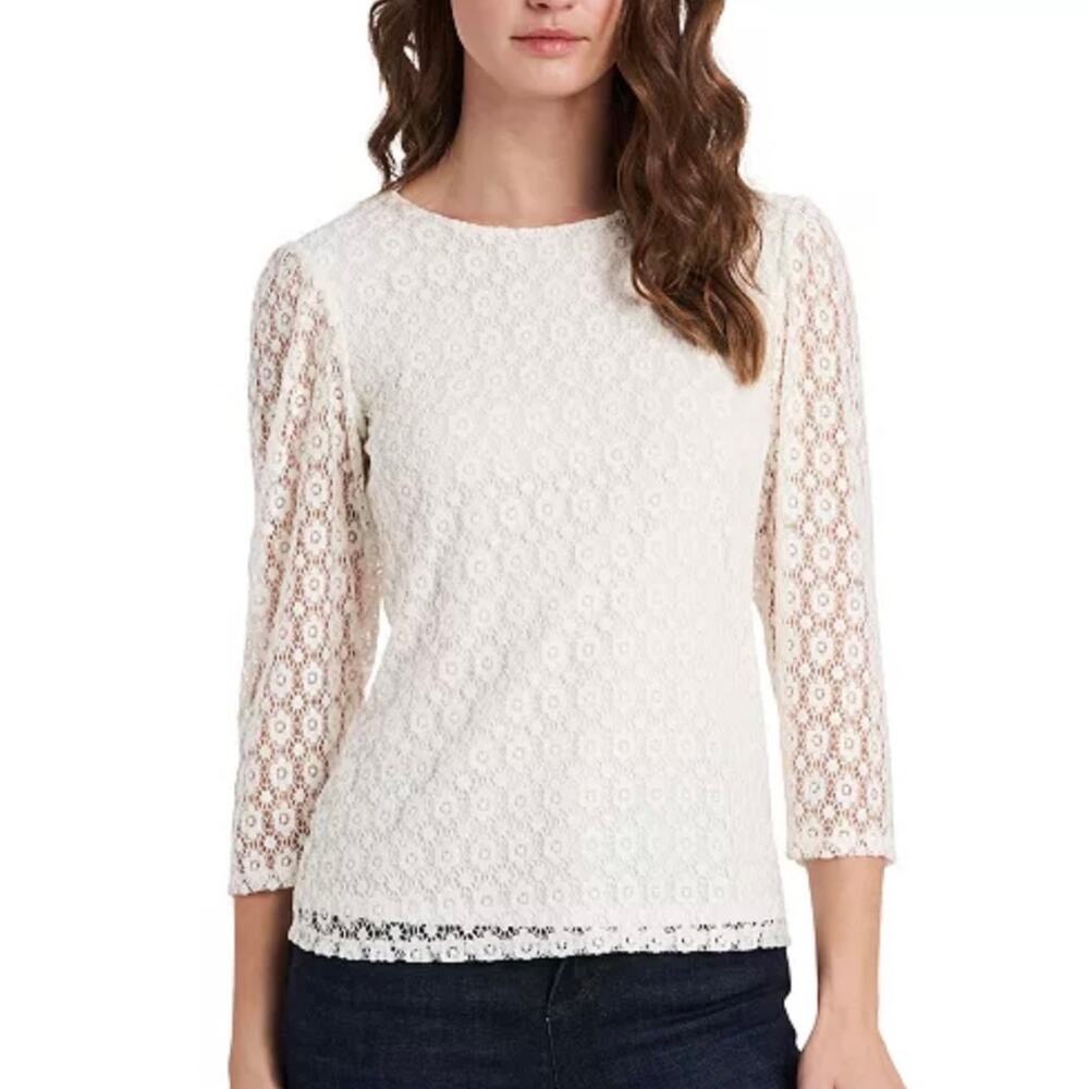 Riley & Rae Lace Top 3/4 Sleeves Round Neck Cream Pullover Women's Size Medium